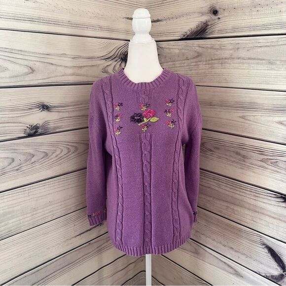 Vintage Northern Getaway Purple Floral Embroidered Cable Knit Sweater - Picture 1 of 7